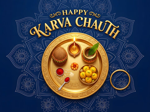 Happy Karva Chauth celebration with traditional puja thali and diya on blue background