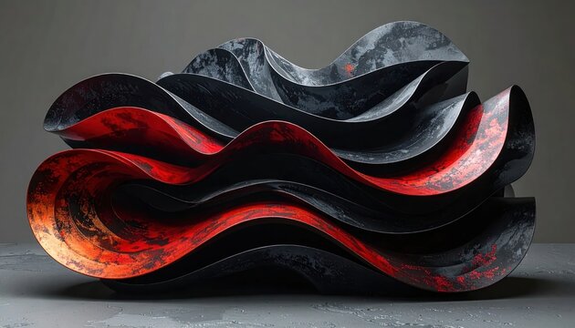 Modern abstract metal sculpture with red and black wavy layers