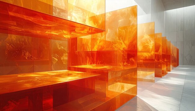 Modern orange acrylic installation in a minimalist white interior