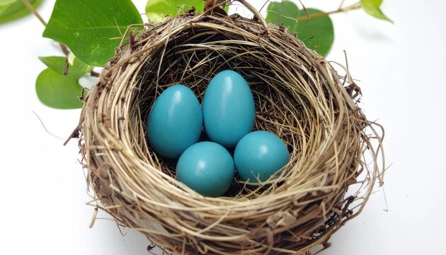 Four blue eggs in a bird nest on white background