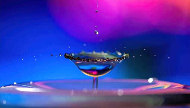 Macro water drop splash with vibrant blue and pink lighting