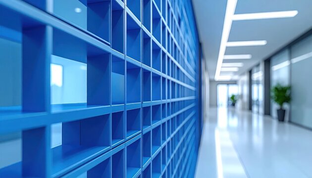 Modern blue grid wall in minimalist contemporary office corridor