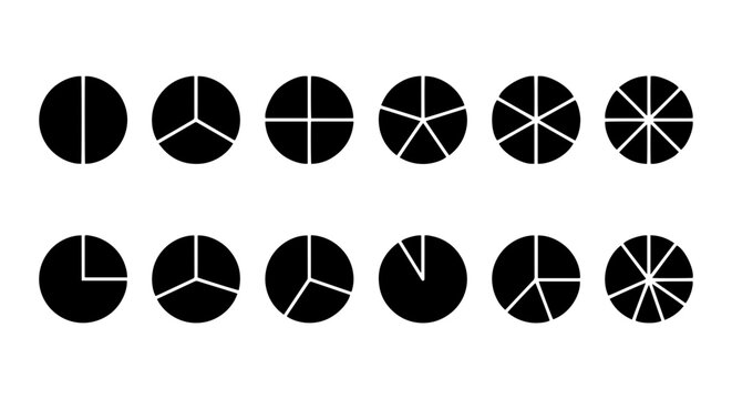 Circle Division Icons, Pie Chart Segments, Data Slice Graphics, Mathematical Fractions Vector Set