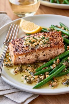 Healthy salmon dinner with green beans lemon and caper sauce gourmet seafood meal for diet and nutrition