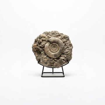 Ancient spiral ammonite fossil embedded within sedimentary rock displayed upon minimalist black metal wire stand with matrix positioned centrally