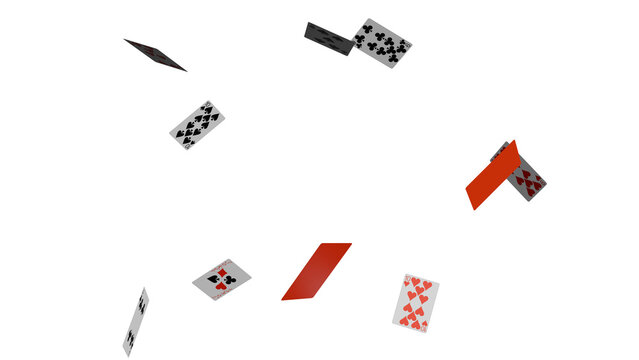 Flying playing cards in various suits and colors against a black background