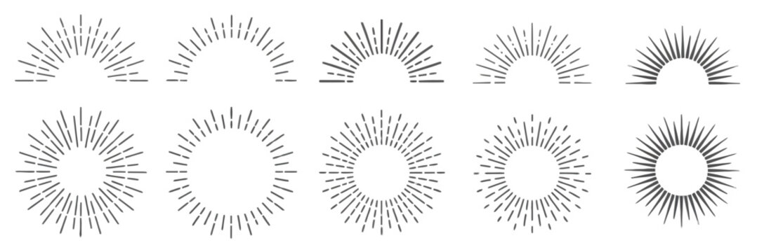 Vintage sunburst vector set, retro line art sun rays collection, 10 minimalist starburst icons for logo design and branding