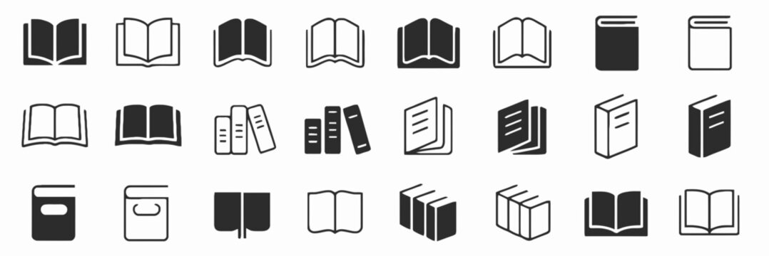 Minimalist book icon set with 24 vector elements, black and white library symbols, educational literature graphics for web design