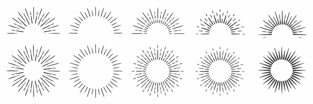 Vintage sunburst vector set, retro hand drawn sun rays collection, 10 linear starburst design elements for logos and branding
