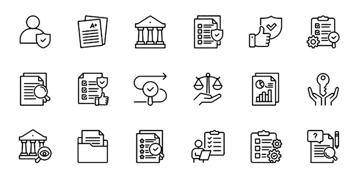 Accountability line editable icon set. Containing responsibility, integrity, liability, transparency, compliance, ethics, ownership, etc. Vector illustration.