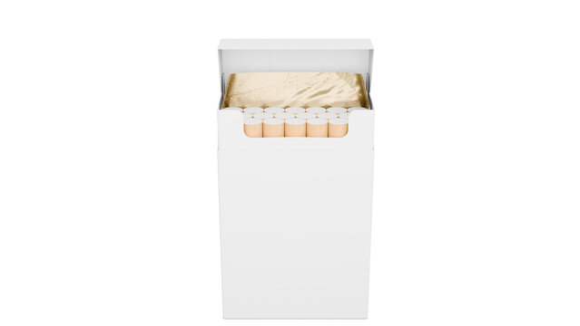 Open white cigarette pack with filters visible, ready for use.