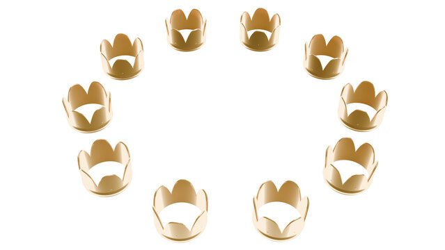 A circular arrangement of wooden crown-shaped pieces displayed against a black background.