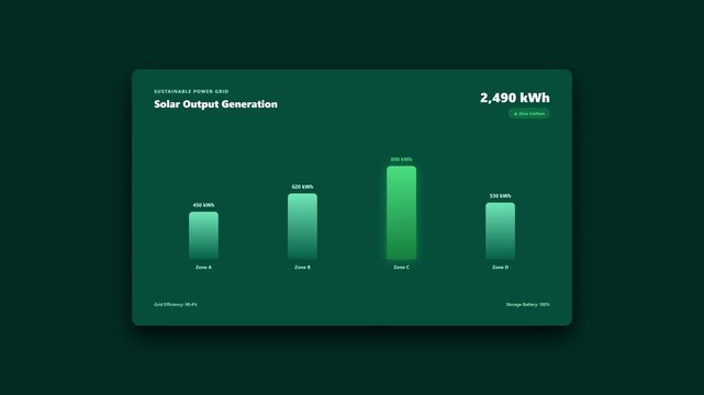 Solar output generation bar chart dashboard displays renewable energy metrics on a dark green user interface.
