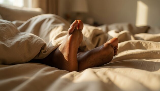 Close-up of bare feet of a person with dark skin sticking out from under a blanket on a bed under warm morning sunlight
