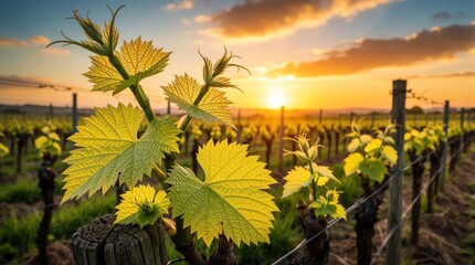Naklejka premium Young grapevine leaves backlit by golden sunset glow. Rows of vines emerge in early spring, signaling new growth and agricultural renewal on farmland.