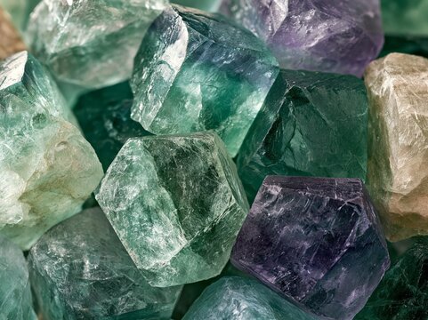 Collection of Raw Green and Purple Fluorite Crystals