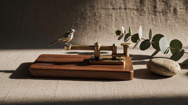Vintage brass morse code key with bird ornament sits on wood. Nearby is smooth stone and eucalyptus branch. Natural texture background provides copy space.