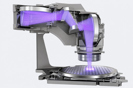Advanced ultraviolet lithography optics over silicon wafer