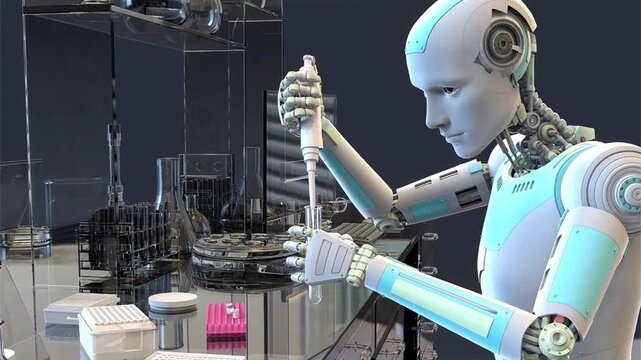 Laboratory robot collecting a biological sample, 3D animation representing automated scientific research, precision biotechnology and AI-driven laboratory analysis.