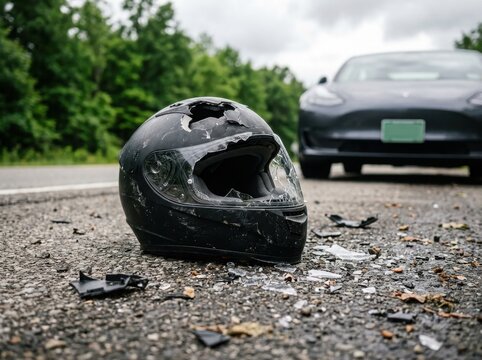 Damaged motorcycle helmet on highway after accident with car , Dangerous crash accident, Distracted driving, Emergency response, Highway collision