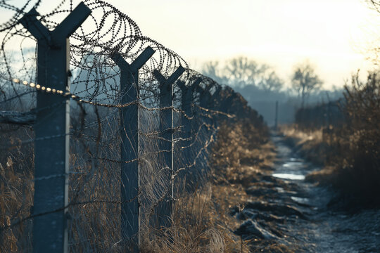 ww3 barbed wire border, close razor coils along fence beside muddy path at dusk, photorealistic