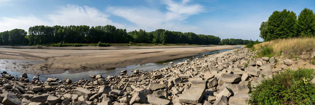 Panoramic view of a dried riverbed with cracked earth, grey stones, and a lush green forest line under a clear blue sky in summer