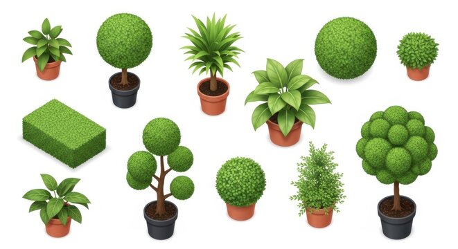 Set of isometric decorative garden plants and trees in pots