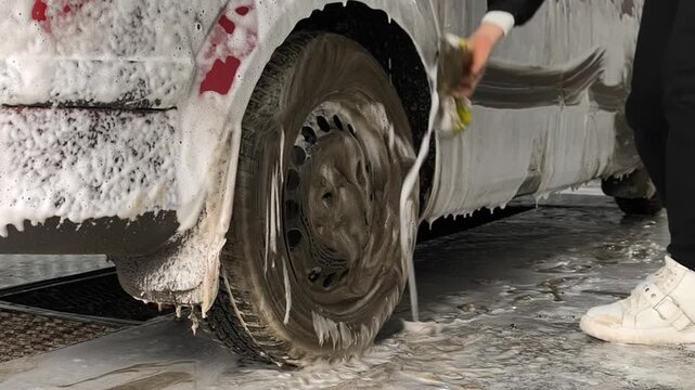 Close up red car rear fender and wheel covered with white active foam at self service station. Red car gets professional cleaning. High pressure soapy bubbles on vehicle body for maintenance.