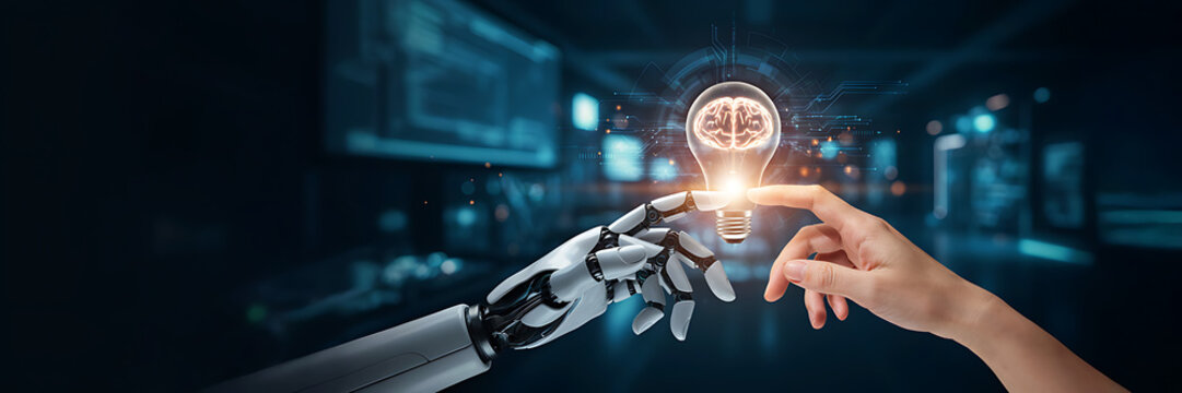 Robotic hand and human hand reaching towards a glowing light bulb with a brain inside representing artificial intelligence and innovation