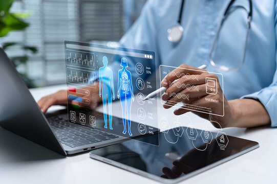 Doctor analyzing digital patient health data, human anatomy, vital signs and DNA on a virtual medical interface, representing healthcare technology, diagnostics and precision medicine.