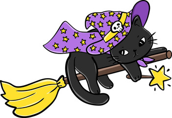 Cute Halloween Black Kitten Witch Cat Riding a Magic Broomstick. Cartoon Hand Drawn Doodle