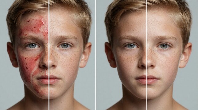 Split face view of young blonde boy shows acne treatment results. Left side shows red inflamed skin with blemishes. Right side shows clear healthy complexion after dermatological care. Comparison