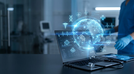 Fototapeta premium Digital medical globe hologram on laptop screen with stethoscope in modern hospital lab