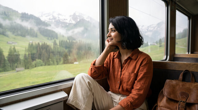 Smiling woman enjoying scenic mountain view from train window