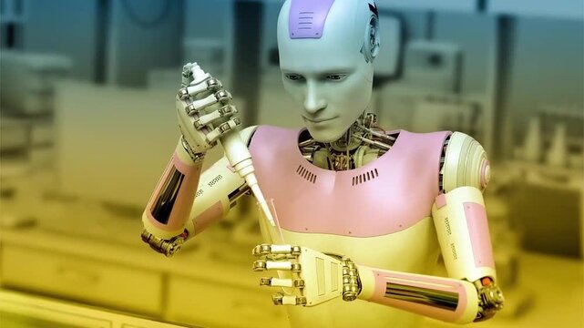 Laboratory robot collecting a biological sample, 3D animation representing automated scientific research, precision biotechnology and AI-driven laboratory analysis.