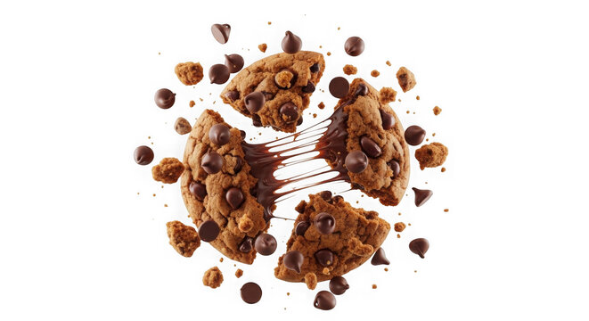 Chocolate chip cookie crumble explosion with flying crumbs and sweet dessert texture close-up