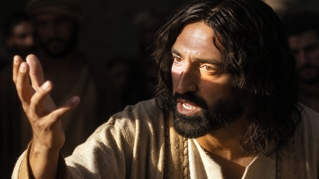 Bearded man portraying Jesus raising his hand while teaching disciples. Dramatic biblical scene illustrating spiritual fire, division, prophecy, and the Gospel of Luke.