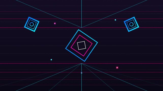 Dynamic Neon Geometry Bouncing in Space.