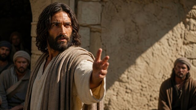 Jesus teaching disciples in an ancient stone courtyard, extending his hand while proclaiming spiritual division and judgment from the Gospel of Luke. Biblical faith and religious message.