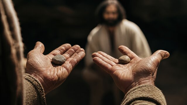 Open hands holding stones before a blurred bearded man. Biblical teaching about judgment, division, responsibility, and the cost of choosing a path from the Gospel of Luke.