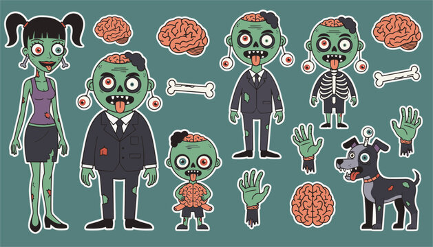 Fun zombie character sticker set featuring scary green monsters, brains, bones, severed hands, and a zombie dog.
