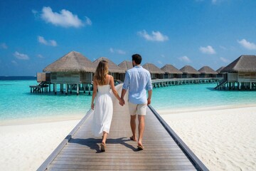 Fototapeta premium Romantic couple walk hand in hand on wooden pier towards luxury water villas in Maldives. Young man, woman enjoy summer vacation at tropical resort. Lovers explore exotic island destination with