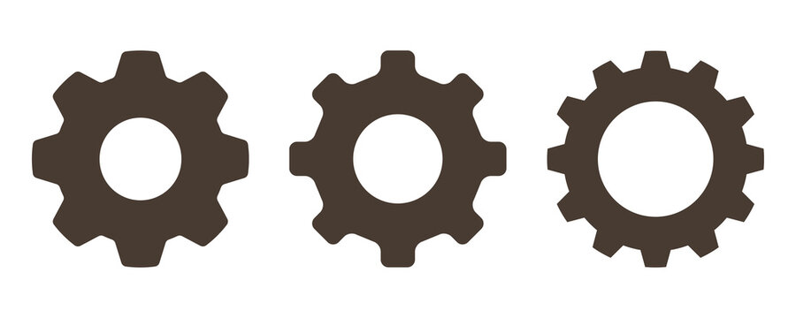 Three Taupe Gear Wheel Icon Set Isolated on Transparent Background PNG Settings Vector Symbols