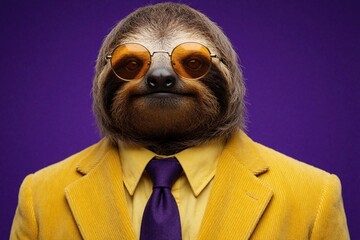 Naklejka premium Funny sloth wears yellow suit, sunglasses on purple background. Stylish animal dressed in formal clothing looks cool. Trendy mammal portrait with bright colors for creative concept humorous design.