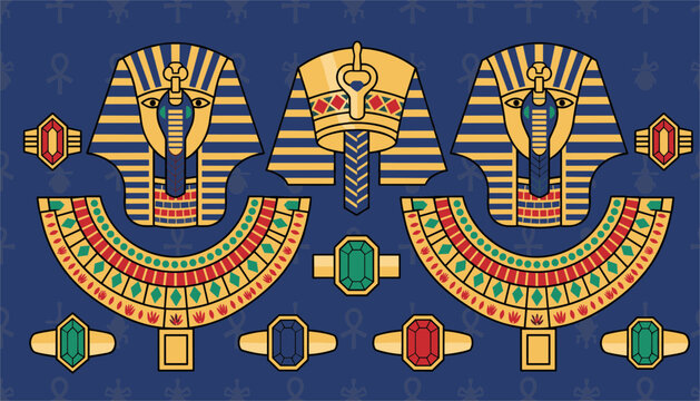 Collection of ancient Egyptian treasures including golden pharaoh masks, ornate broad collars, and gemstone rings.