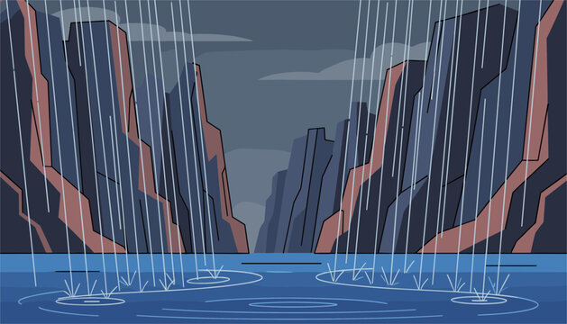 Heavy rain pouring down into a deep river canyon with steep rocky cliffs under a dark grey storm sky in a flat vector style.