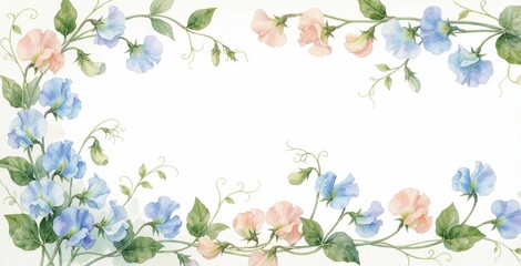 Naklejka premium Watercolor illustration of sweet pea flowers and vines with pastel blue and pink blooms. Delicate floral border suitable for greeting cards, invitations, or wedding stationery.