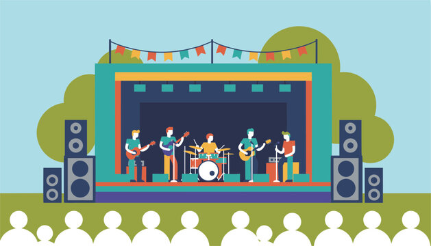 Vibrant outdoor music festival stage with a live rock band performing in front of a cheering audience.