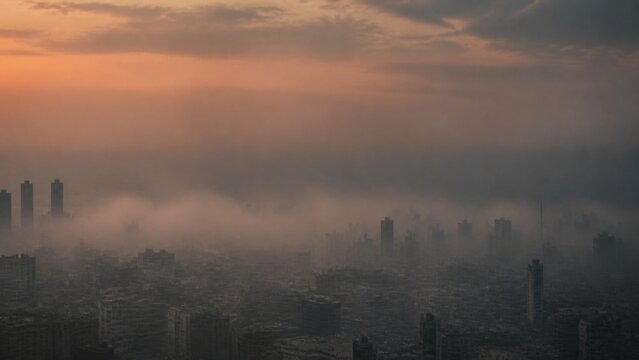 Thick smoke haze hanging over a plain generic city skyline at dawn after a display, wide shot, no recognizable landmark, muted desaturated palette