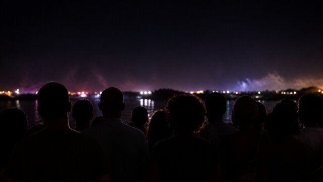 A crowd seen entirely from behind watching distant soft out-of-focus lights over a river at night, silhouettes only, wide shot, warm tropical night